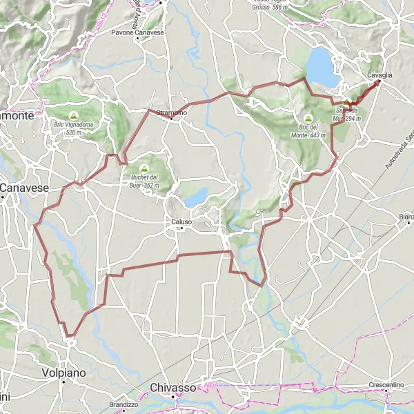 Miniaturní mapa "Výlet na horském kole okolo Cavaglià" inspirace pro cyklisty v oblasti Piemonte, Italy. Vytvořeno pomocí plánovače tras Tarmacs.app