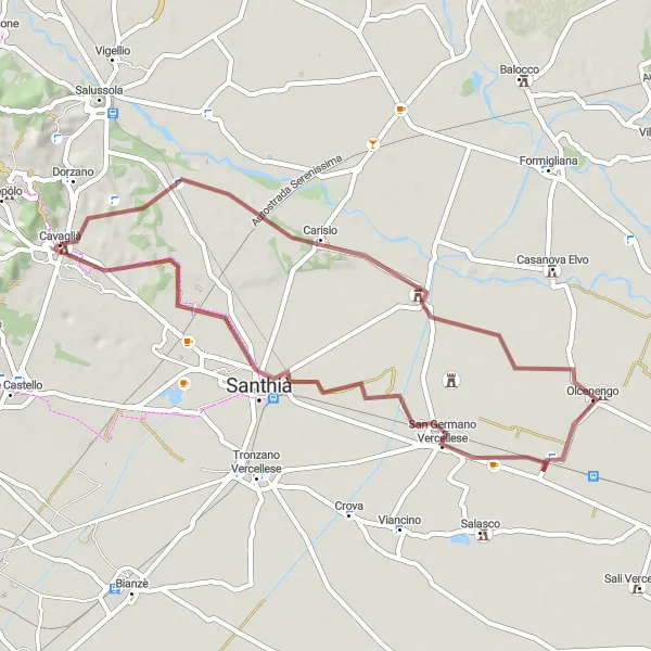 Miniaturní mapa "Gravelová cyklostezka Carisio - Santhià" inspirace pro cyklisty v oblasti Piemonte, Italy. Vytvořeno pomocí plánovače tras Tarmacs.app