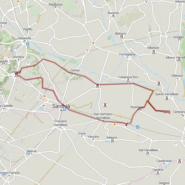 Kartminiatyr av "Spennende tur til Carisio og Santhià" sykkelinspirasjon i Piemonte, Italy. Generert av Tarmacs.app sykkelrutoplanlegger