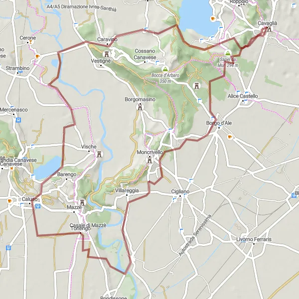 Kartminiatyr av "Grustur genom vackra landskap från Cavaglià till Settimo Rottaro" cykelinspiration i Piemonte, Italy. Genererad av Tarmacs.app cykelruttplanerare