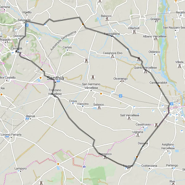 Kartminiatyr av "Road Cycling Adventure from Cavaglià to Tronzano Vercellese" sykkelinspirasjon i Piemonte, Italy. Generert av Tarmacs.app sykkelrutoplanlegger