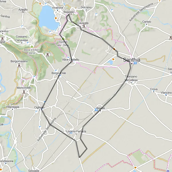 Kartminiatyr av "Veiturer til Cigliano og Sapel da Mur" sykkelinspirasjon i Piemonte, Italy. Generert av Tarmacs.app sykkelrutoplanlegger