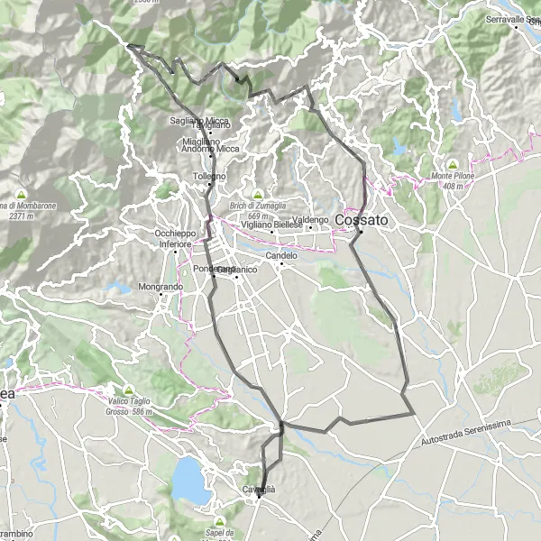 Miniatua del mapa de inspiración ciclista "Ruta en carretera de Cavaglià - Magnonevolo" en Piemonte, Italy. Generado por Tarmacs.app planificador de rutas ciclistas