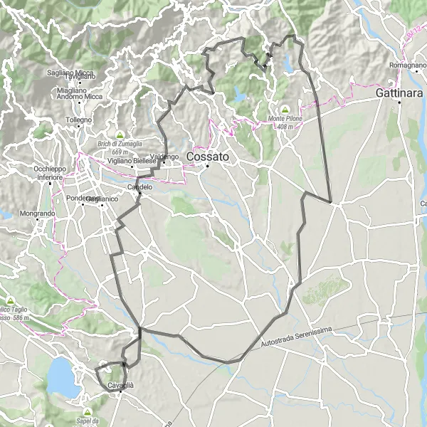 Miniatura della mappa di ispirazione al ciclismo "Avventura ciclistica attraverso Biellese e Canavese" nella regione di Piemonte, Italy. Generata da Tarmacs.app, pianificatore di rotte ciclistiche