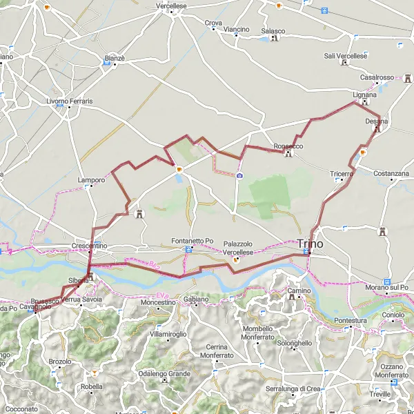 Miniatura della mappa di ispirazione al ciclismo "Tra sentieri di ghiaia e borghi rurali" nella regione di Piemonte, Italy. Generata da Tarmacs.app, pianificatore di rotte ciclistiche