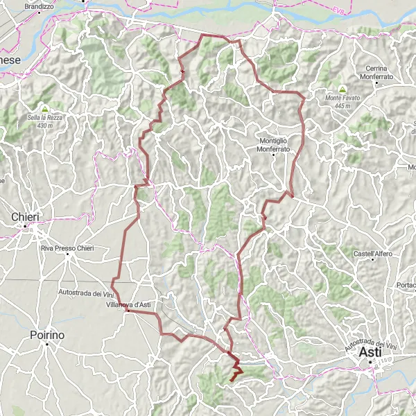 Miniatura della mappa di ispirazione al ciclismo "Nelle terre delle Langhe e del Roero" nella regione di Piemonte, Italy. Generata da Tarmacs.app, pianificatore di rotte ciclistiche