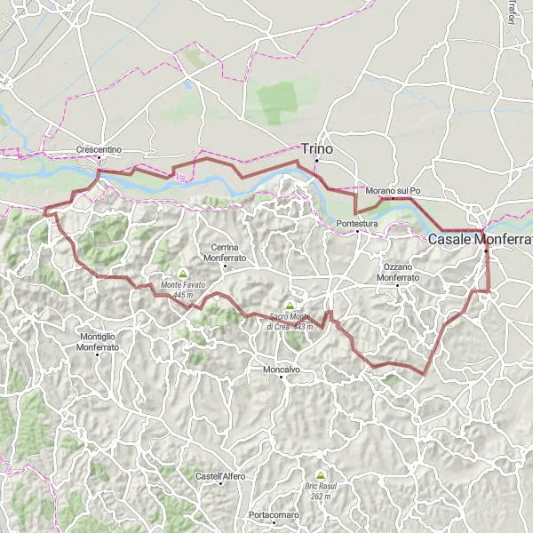 Miniatuurkaart van de fietsinspiratie "Avontuurlijke gravelroute via Rosignano Monferrato en Odalengo Grande" in Piemonte, Italy. Gemaakt door de Tarmacs.app fietsrouteplanner