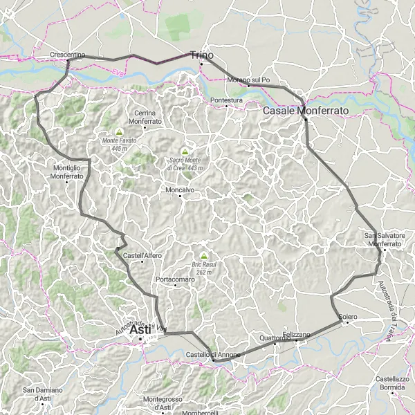 Miniatua del mapa de inspiración ciclista "Ruta Panorámica de Ciclismo en Carretera Crescentino - Brozolo" en Piemonte, Italy. Generado por Tarmacs.app planificador de rutas ciclistas