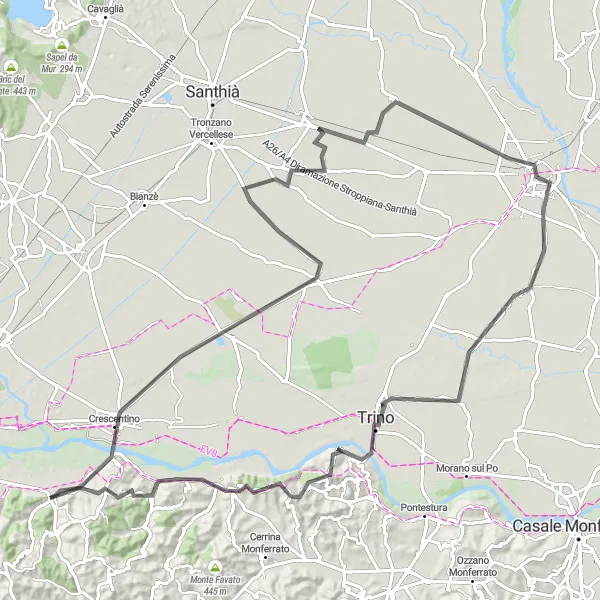 Mapa miniatúra "Crescentino - Verrua Savoia" cyklistická inšpirácia v Piemonte, Italy. Vygenerované cyklistickým plánovačom trás Tarmacs.app