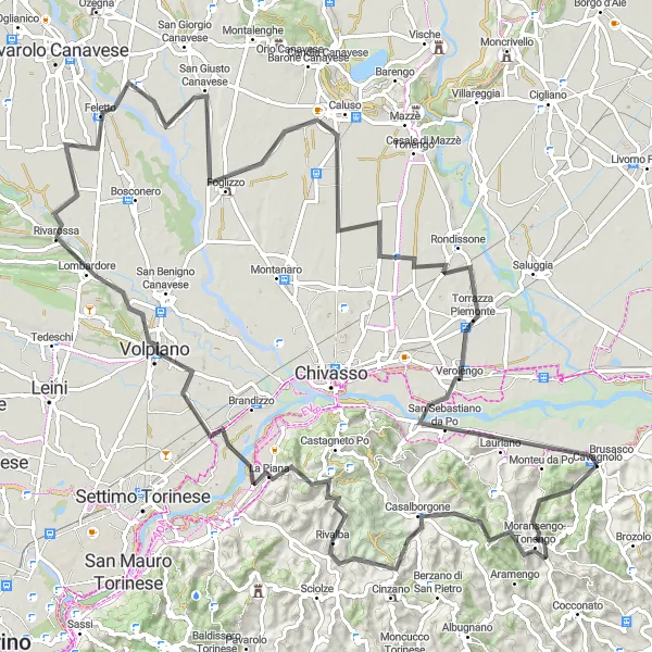 Miniatua del mapa de inspiración ciclista "Ruta Escénica de Ciclismo en Carretera Tonengo - San Sebastiano da Po" en Piemonte, Italy. Generado por Tarmacs.app planificador de rutas ciclistas