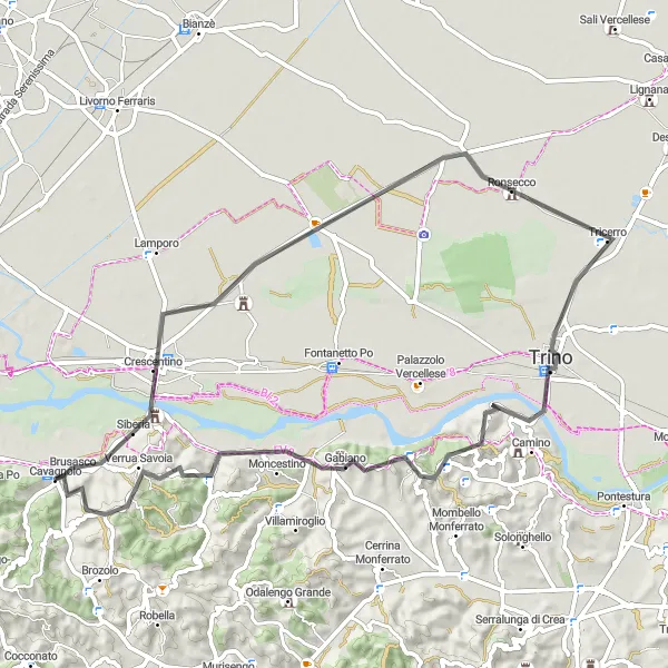 Miniatua del mapa de inspiración ciclista "Ruta de Ciclismo de Carretera a Gabiano" en Piemonte, Italy. Generado por Tarmacs.app planificador de rutas ciclistas