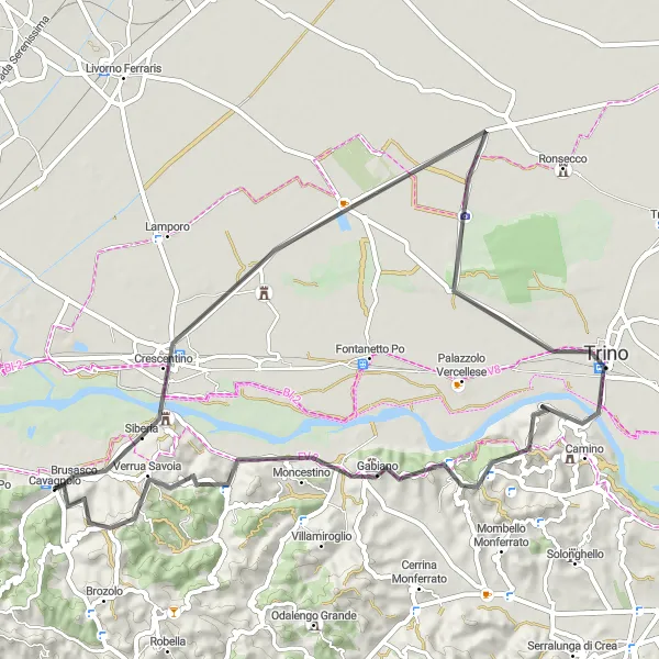 Miniatuurkaart van de fietsinspiratie "Rondrit langs Abbazia di Lucedio en Trino" in Piemonte, Italy. Gemaakt door de Tarmacs.app fietsrouteplanner