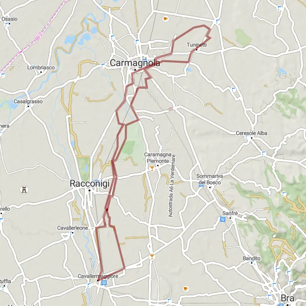 Miniaturní mapa "Gravelový okruh kolem Cavallermaggiore" inspirace pro cyklisty v oblasti Piemonte, Italy. Vytvořeno pomocí plánovače tras Tarmacs.app