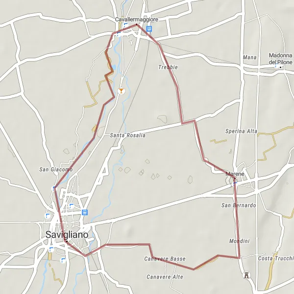 Miniatura della mappa di ispirazione al ciclismo "Itinerario Gravel tra Marene e Savigliano" nella regione di Piemonte, Italy. Generata da Tarmacs.app, pianificatore di rotte ciclistiche
