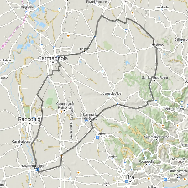 Miniatura della mappa di ispirazione al ciclismo "Tra Colline e Castelli del Piemonte" nella regione di Piemonte, Italy. Generata da Tarmacs.app, pianificatore di rotte ciclistiche