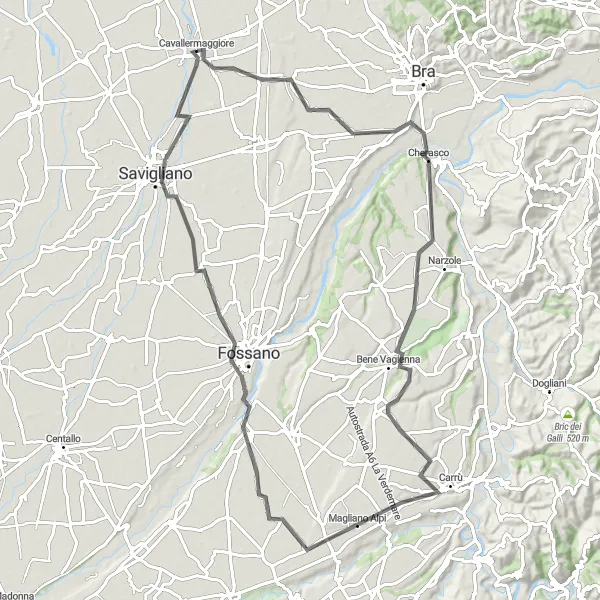Miniatua del mapa de inspiración ciclista "Ruta de Carretera por Roreto y Bene Vagienna" en Piemonte, Italy. Generado por Tarmacs.app planificador de rutas ciclistas