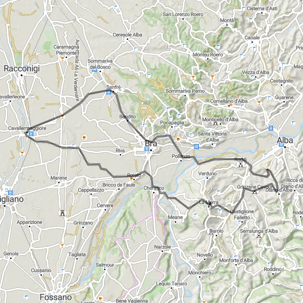 Mapa miniatúra "Cyklistický výlet cez Langhe" cyklistická inšpirácia v Piemonte, Italy. Vygenerované cyklistickým plánovačom trás Tarmacs.app