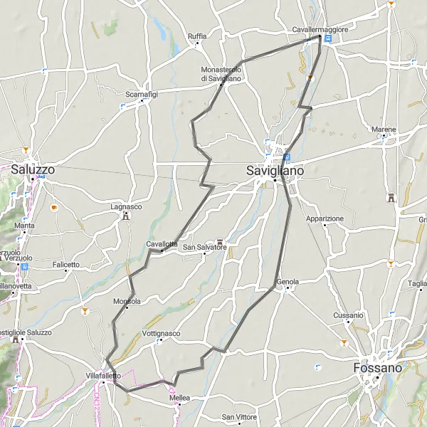 Kartminiatyr av "Cavallermaggiore to Savigliano Loop" sykkelinspirasjon i Piemonte, Italy. Generert av Tarmacs.app sykkelrutoplanlegger