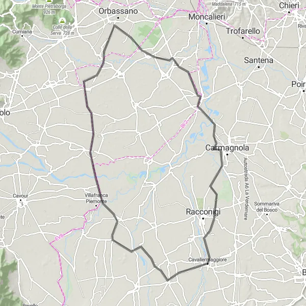 Zemljevid v pomanjšavi "Road Cycling Route from Cavallermaggiore" kolesarske inspiracije v Piemonte, Italy. Generirano z načrtovalcem kolesarskih poti Tarmacs.app