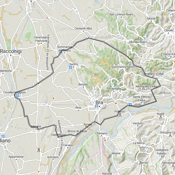 Zemljevid v pomanjšavi "Gorski vzponi Cavallermaggiore" kolesarske inspiracije v Piemonte, Italy. Generirano z načrtovalcem kolesarskih poti Tarmacs.app