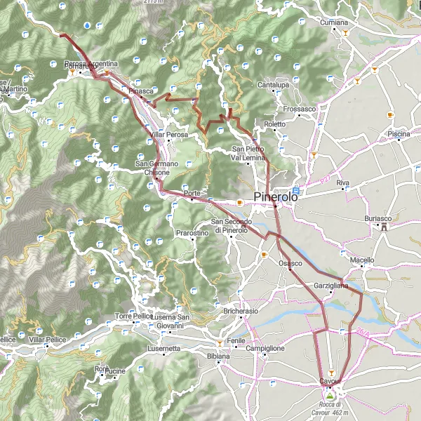 Zemljevid v pomanjšavi "Gravel avantura okoli Cavourja" kolesarske inspiracije v Piemonte, Italy. Generirano z načrtovalcem kolesarskih poti Tarmacs.app