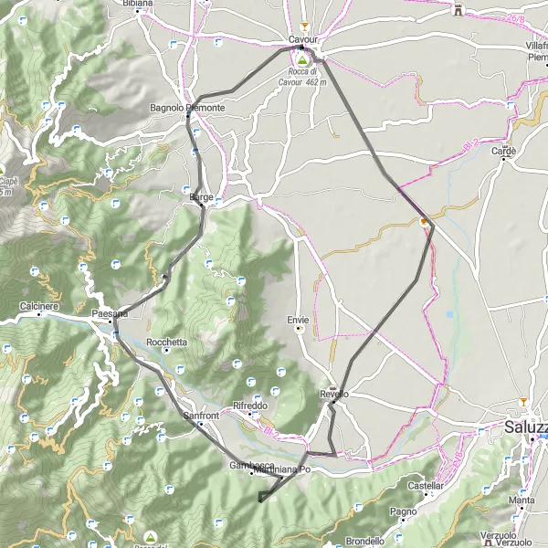 Mapa miniatúra "Challenging road cycling route through Piemonte hills" cyklistická inšpirácia v Piemonte, Italy. Vygenerované cyklistickým plánovačom trás Tarmacs.app