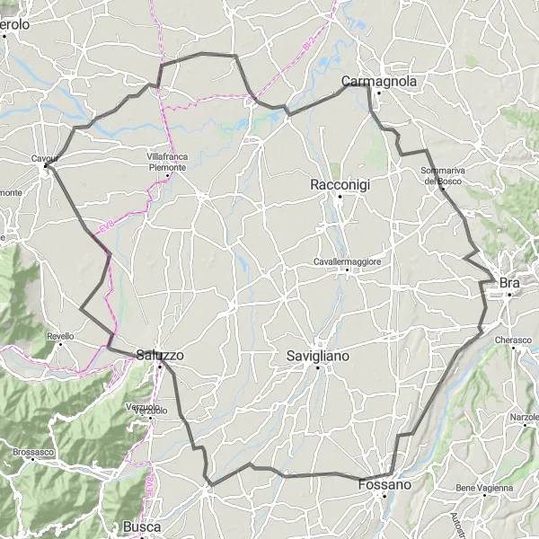 Miniatua del mapa de inspiración ciclista "Ruta de Levaldigi" en Piemonte, Italy. Generado por Tarmacs.app planificador de rutas ciclistas