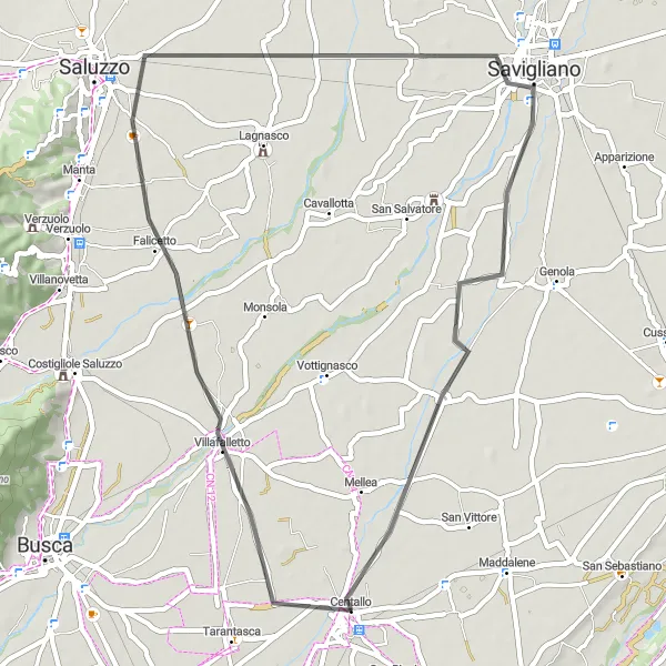 Zemljevid v pomanjšavi "Kolesarska pot okoli Centalla - cesta" kolesarske inspiracije v Piemonte, Italy. Generirano z načrtovalcem kolesarskih poti Tarmacs.app