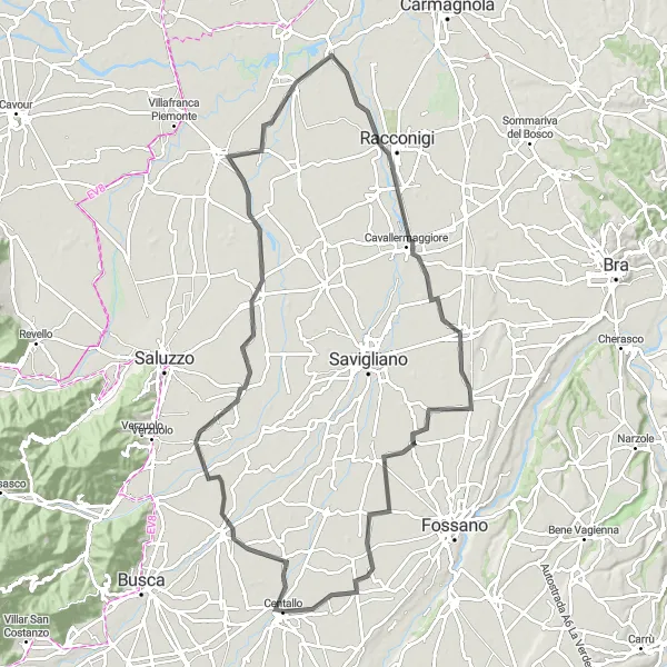 Miniatura della mappa di ispirazione al ciclismo "Giro delle Residenze Sabaude" nella regione di Piemonte, Italy. Generata da Tarmacs.app, pianificatore di rotte ciclistiche