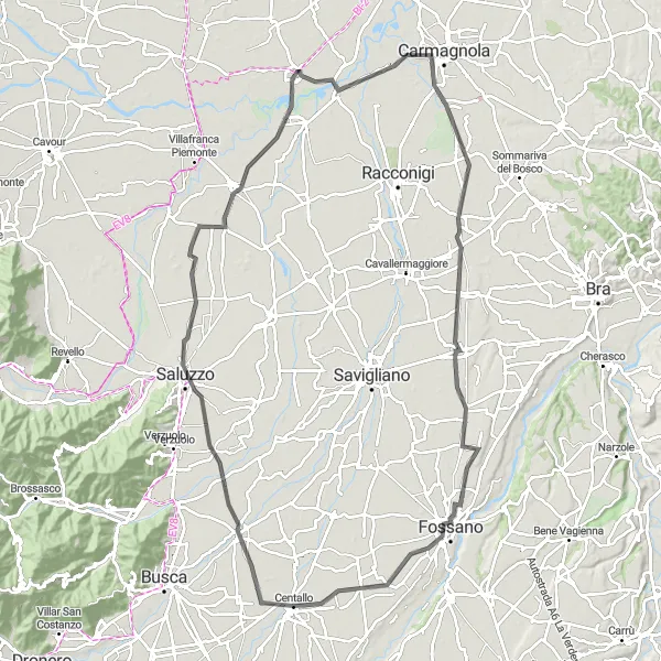 Miniatura della mappa di ispirazione al ciclismo "Giro in bicicletta delle Langhe" nella regione di Piemonte, Italy. Generata da Tarmacs.app, pianificatore di rotte ciclistiche