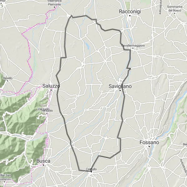 Miniaturní mapa "Okruhová cyklistická trasa od Centalla - Villafalletto - Torre San Giorgio - Murello - Cavallermaggiore" inspirace pro cyklisty v oblasti Piemonte, Italy. Vytvořeno pomocí plánovače tras Tarmacs.app