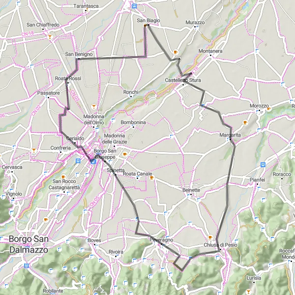 Miniaturní mapa "Z kouzelného Castelletta Stura do Roaty Chiusani" inspirace pro cyklisty v oblasti Piemonte, Italy. Vytvořeno pomocí plánovače tras Tarmacs.app