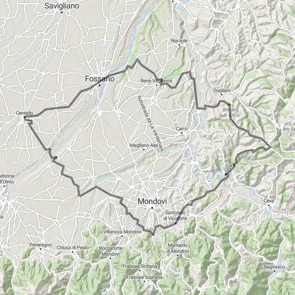 Kartminiatyr av "Fossano til Castelletto Stura" sykkelinspirasjon i Piemonte, Italy. Generert av Tarmacs.app sykkelrutoplanlegger