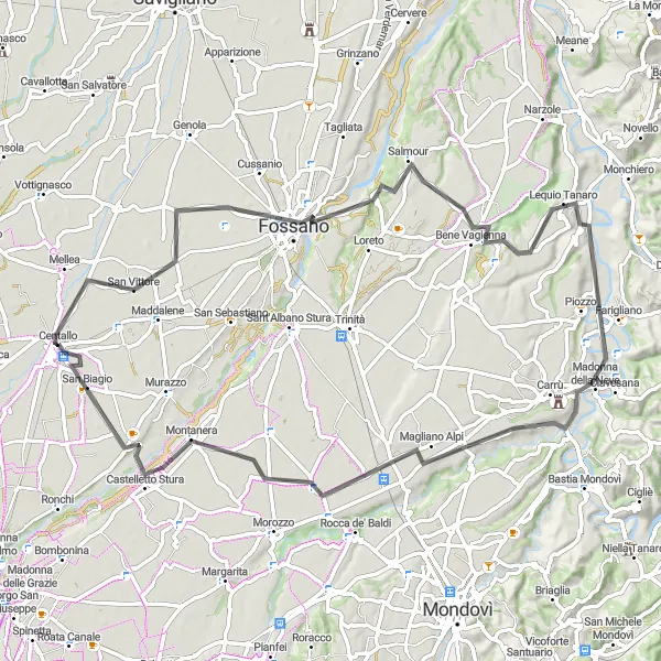 Miniatuurkaart van de fietsinspiratie "Kastelen en Natuur Route" in Piemonte, Italy. Gemaakt door de Tarmacs.app fietsrouteplanner