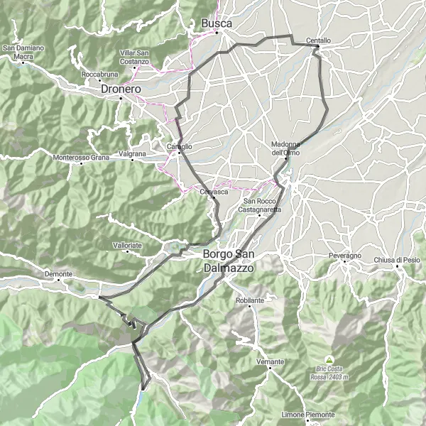 Mapa miniatúra "Cesta do Cunea a zpět" cyklistická inšpirácia v Piemonte, Italy. Vygenerované cyklistickým plánovačom trás Tarmacs.app