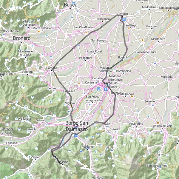 Miniatua del mapa de inspiración ciclista "Desafío en Bicicleta por Cuneo-San Pietro del Gallo" en Piemonte, Italy. Generado por Tarmacs.app planificador de rutas ciclistas