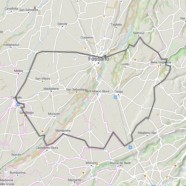 Mapa miniatúra "Trasa Pribaldujónatá Levaldigi-Piemonte" cyklistická inšpirácia v Piemonte, Italy. Vygenerované cyklistickým plánovačom trás Tarmacs.app