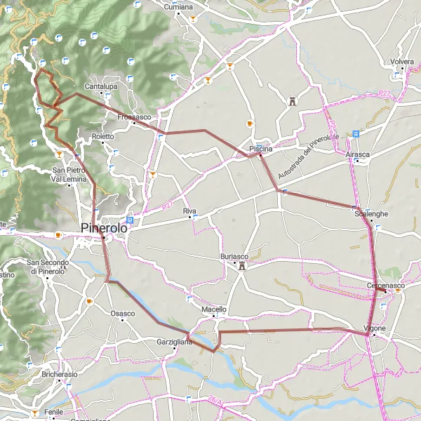 Mapa miniatúra "Gravelová trasa cez Pinerolo" cyklistická inšpirácia v Piemonte, Italy. Vygenerované cyklistickým plánovačom trás Tarmacs.app