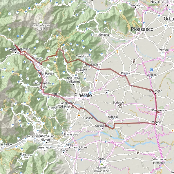 Map miniature of "Gravel Adventures in Piemonte" cycling inspiration in Piemonte, Italy. Generated by Tarmacs.app cycling route planner
