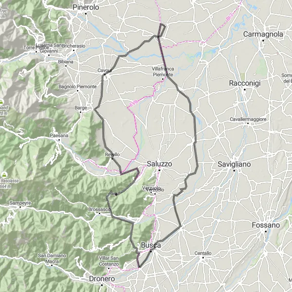 Map miniature of "The Castelli Tapparelli D'Azeglio Challenge" cycling inspiration in Piemonte, Italy. Generated by Tarmacs.app cycling route planner