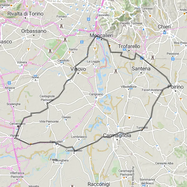Miniatua del mapa de inspiración ciclista "Ruta panorámica a Carmagnola" en Piemonte, Italy. Generado por Tarmacs.app planificador de rutas ciclistas