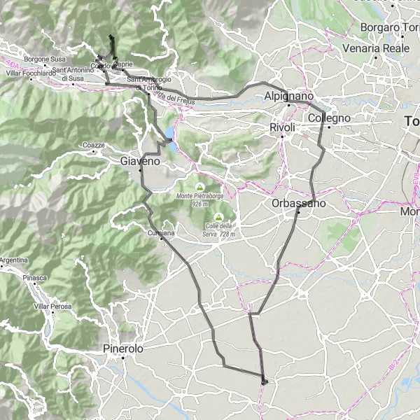 Kartminiatyr av "Utmanande terräng runt Monte Pirchiriano" cykelinspiration i Piemonte, Italy. Genererad av Tarmacs.app cykelruttplanerare