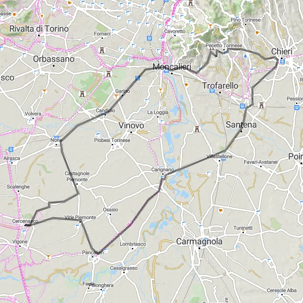Zemljevid v pomanjšavi "Kolesarska pot proti Moncalieriju" kolesarske inspiracije v Piemonte, Italy. Generirano z načrtovalcem kolesarskih poti Tarmacs.app