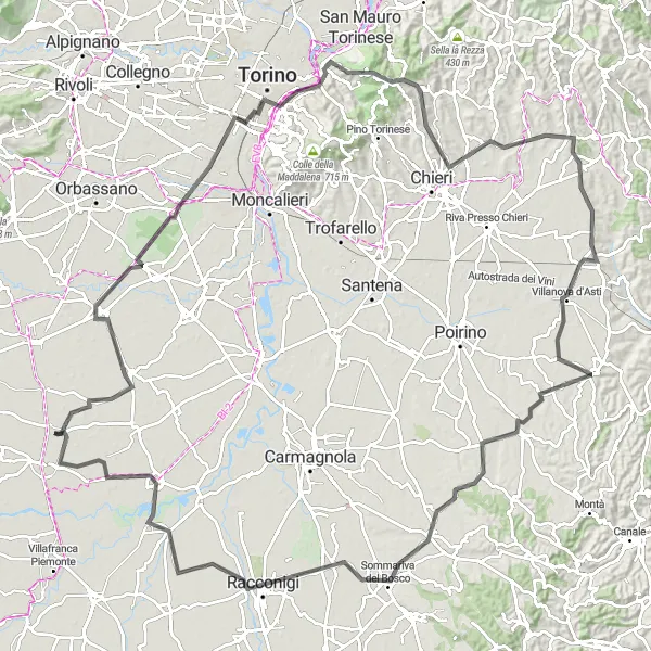 Mapa miniatúra "Cyklotrasa cez Turín a okolie" cyklistická inšpirácia v Piemonte, Italy. Vygenerované cyklistickým plánovačom trás Tarmacs.app