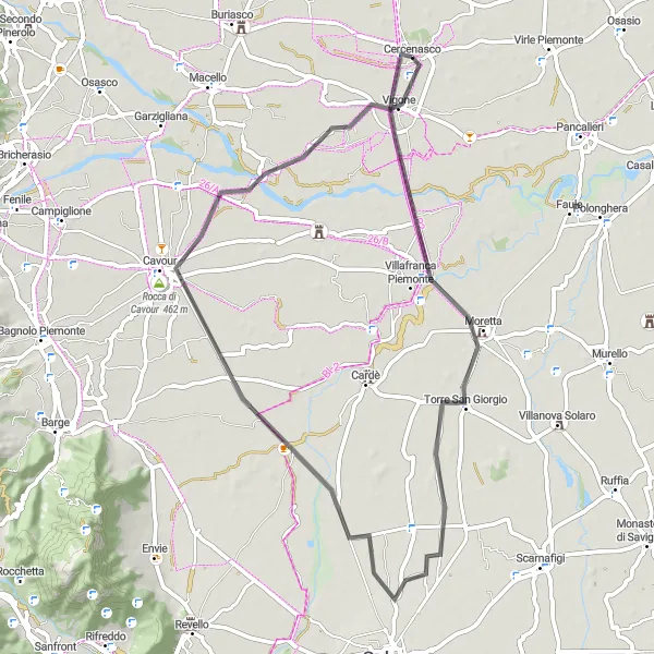 Kartminiatyr av "Fredelige veistier gjennom Piemonte" sykkelinspirasjon i Piemonte, Italy. Generert av Tarmacs.app sykkelrutoplanlegger