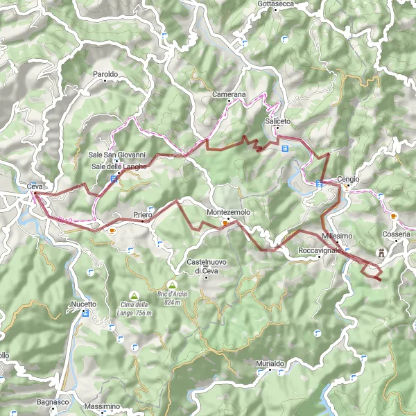 Miniaturní mapa "Gravelová trasa skrz okolí Ceva: Malebné Roccavignale" inspirace pro cyklisty v oblasti Piemonte, Italy. Vytvořeno pomocí plánovače tras Tarmacs.app