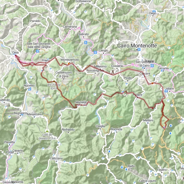 Miniaturní mapa "Gravelová trasa kolem Ceva: Výstup na Torre di Porta Tanaro" inspirace pro cyklisty v oblasti Piemonte, Italy. Vytvořeno pomocí plánovače tras Tarmacs.app