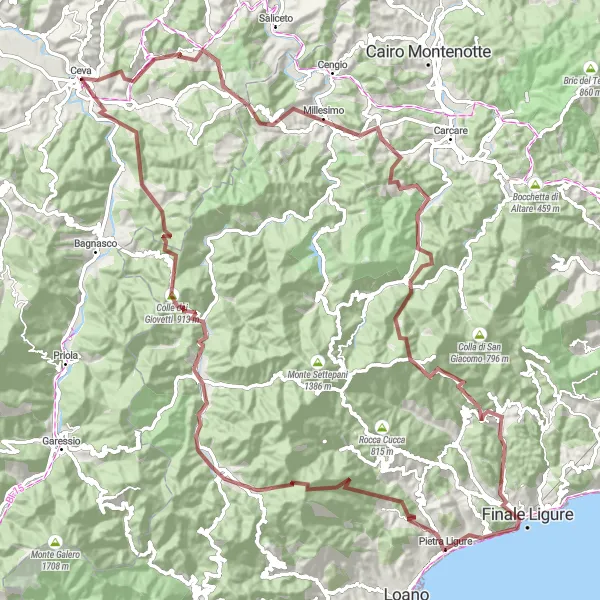 Zemljevid v pomanjšavi "Gorsko kolesarjenje v osrčju Piemonta" kolesarske inspiracije v Piemonte, Italy. Generirano z načrtovalcem kolesarskih poti Tarmacs.app