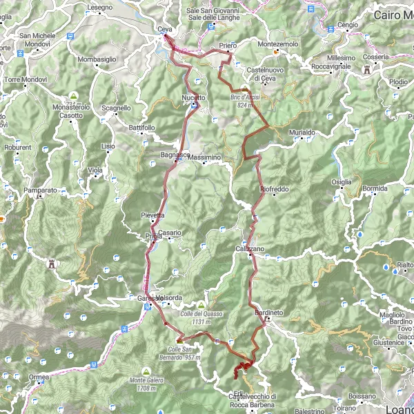 Map miniature of "Ceva Gravel Adventure" cycling inspiration in Piemonte, Italy. Generated by Tarmacs.app cycling route planner