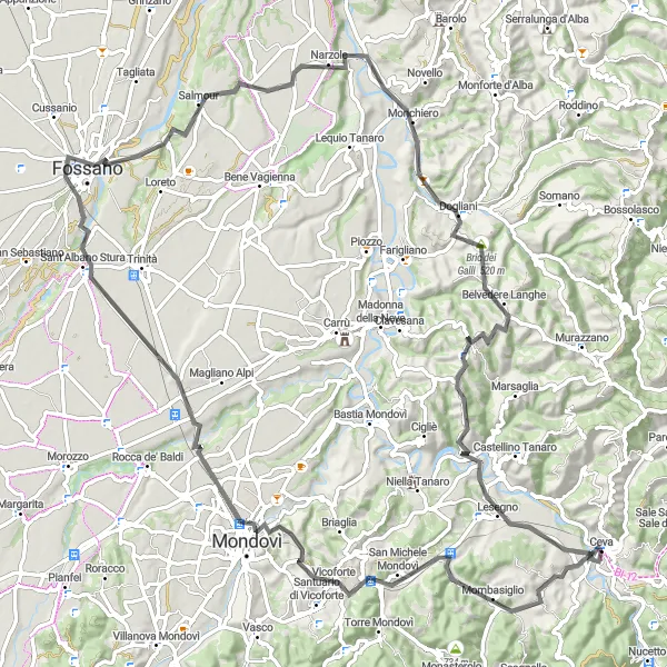 Zemljevid v pomanjšavi "Krožna kolesarska pot preko Mombasiglia" kolesarske inspiracije v Piemonte, Italy. Generirano z načrtovalcem kolesarskih poti Tarmacs.app